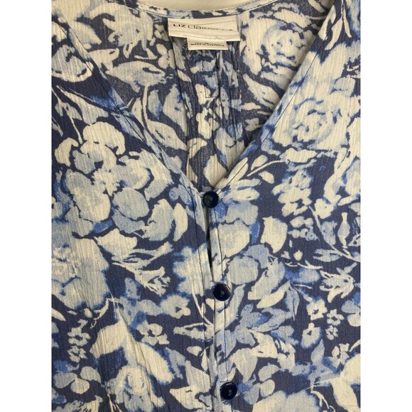 Liz Claiborne Summer Blouse Peasant L Blue Floral Top Button Up Sheer V-Neck - Picture 2 of 7